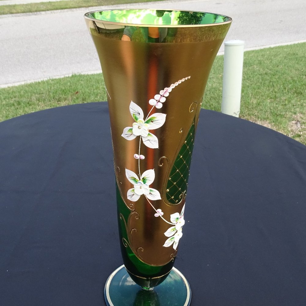 Vintage Vase Bohemian Czech Enameled Green & Gold W Applied Pink Flowers 11 5"